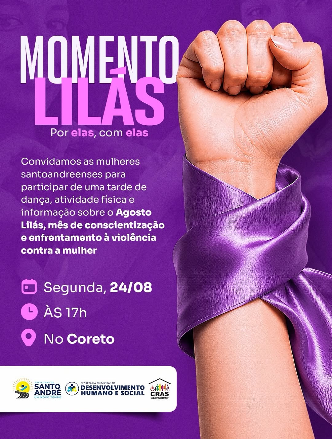 Agosto Lilás: ação de conscientização sobre violência contra a mulher acontece segunda-feira