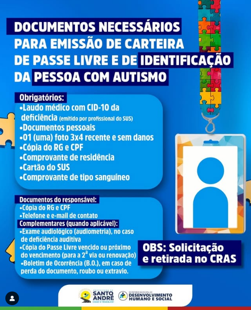 Documentos necessários para carteira de passe livre e identificação do autismo disponíveis no CRAS