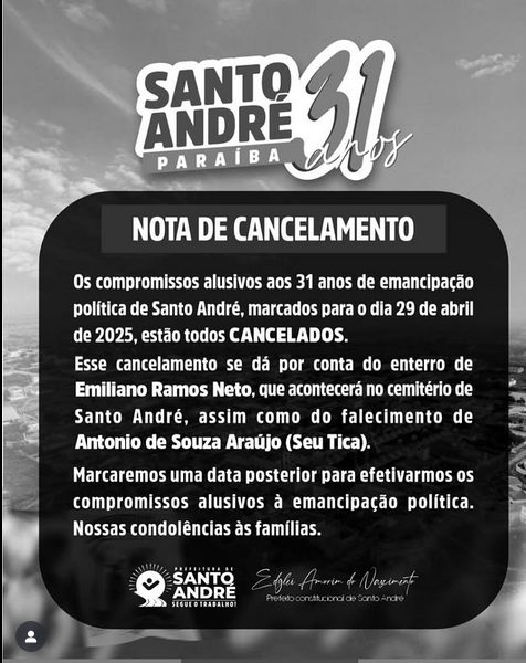 Compromissos da Emancipação Política de Santo André em 29 de abril são cancelados em respeito aos falecimentos recentes