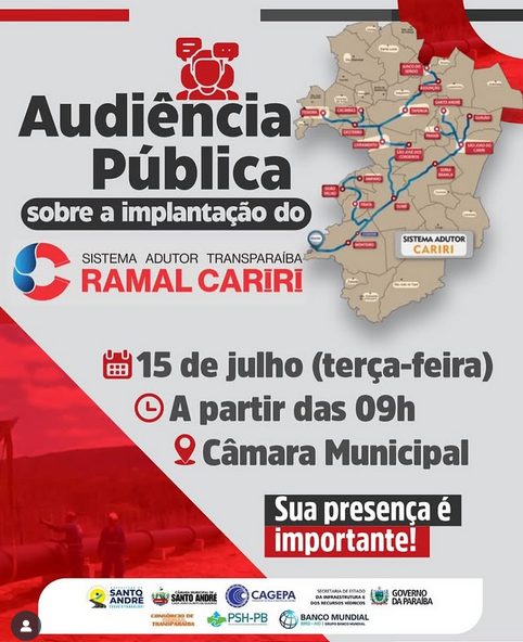 Audiência Pública sobre o Sistema Adutor Transparaíba será realizada em Santo André no dia 15 de julho