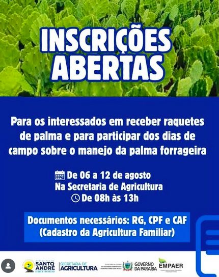 Inscrições abertas para distribuição de raquetes de palma e participação em dias de campo