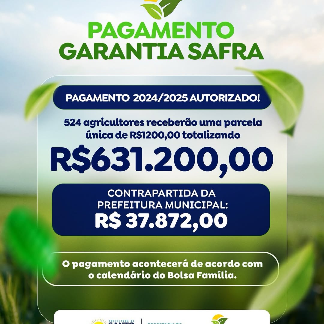 Garantia Safra 2024/2025: Pagamento de R$ 631.200,00 a 524 agricultores hoje